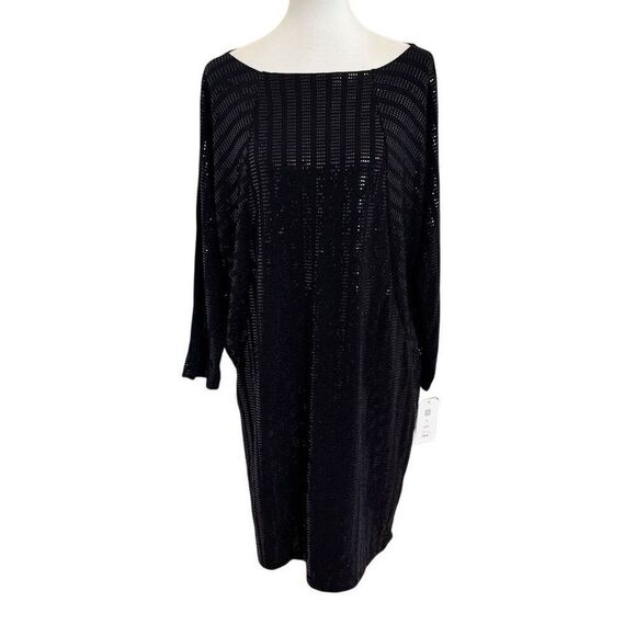NEW Clara Sun Woo Soft Stretch Knit Black Shimmer Dolman Tunic Dress Size Large - Picture 1 of 6